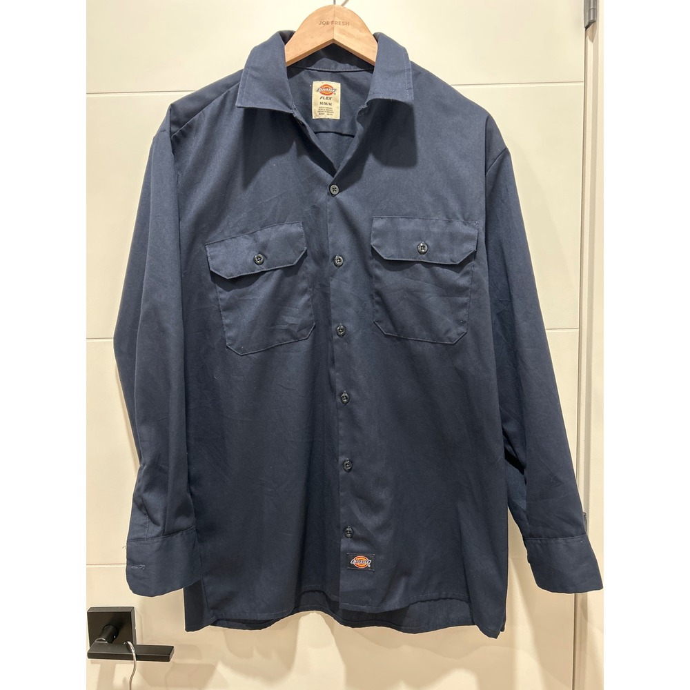 Dickies Flex Mens Medium Navy Blue Long Sleeve Button Down Work Shirt CA01095